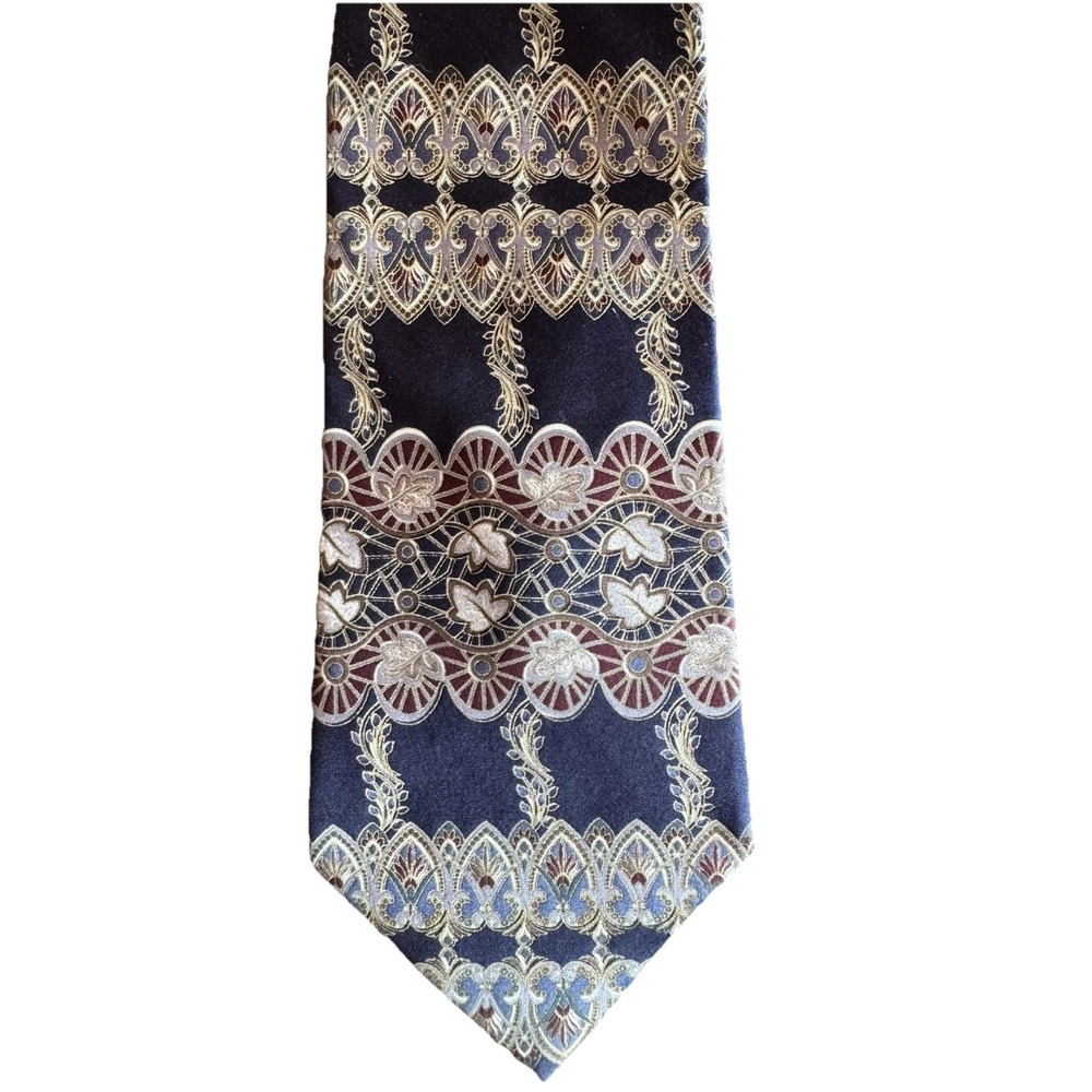 Henry Grethel 100% Italian Silk Men's Tie Blue Gold Maroon Leaf Pattern